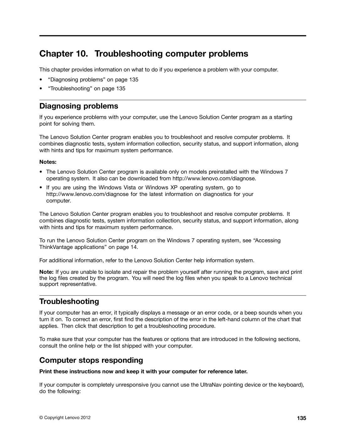 Lenovo 2344BMU manual Troubleshooting computer problems, Diagnosing problems, Computer stops responding, 135 