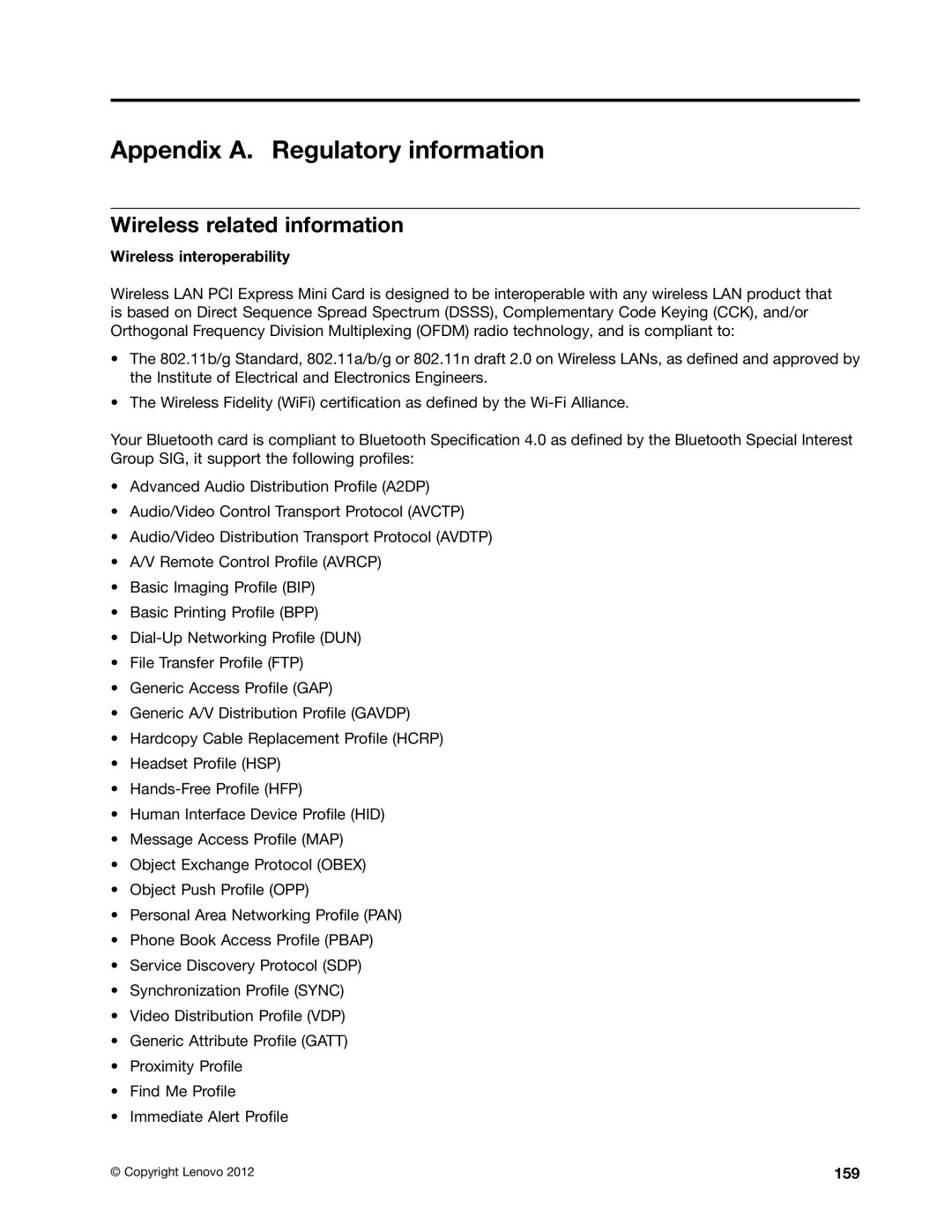 Lenovo 2344BMU manual Appendix A. Regulatory information, Wireless related information, Wireless interoperability, 159 