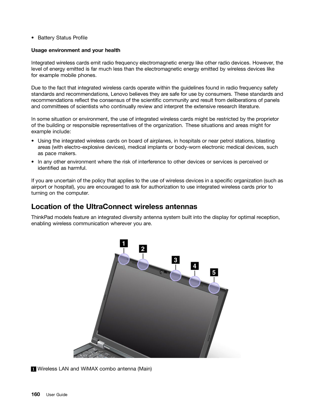 Lenovo 2344BMU manual Location of the UltraConnect wireless antennas, Usage environment and your health 