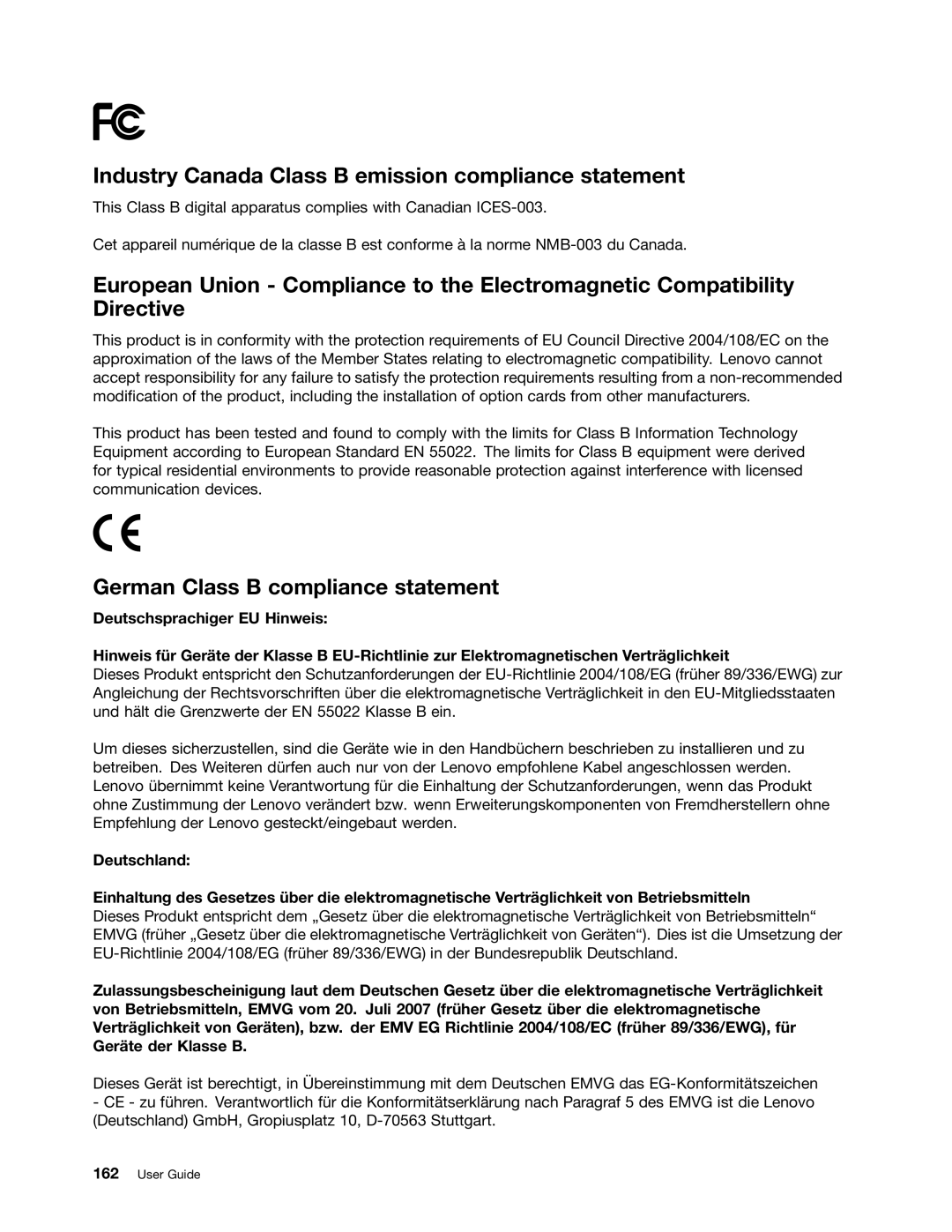 Lenovo 2344BMU manual Industry Canada Class B emission compliance statement, German Class B compliance statement 