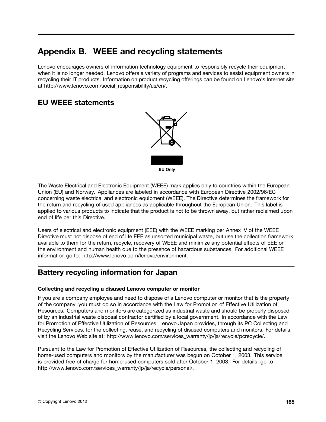 Lenovo 2344BMU Appendix B. Weee and recycling statements, EU Weee statements, Battery recycling information for Japan, 165 