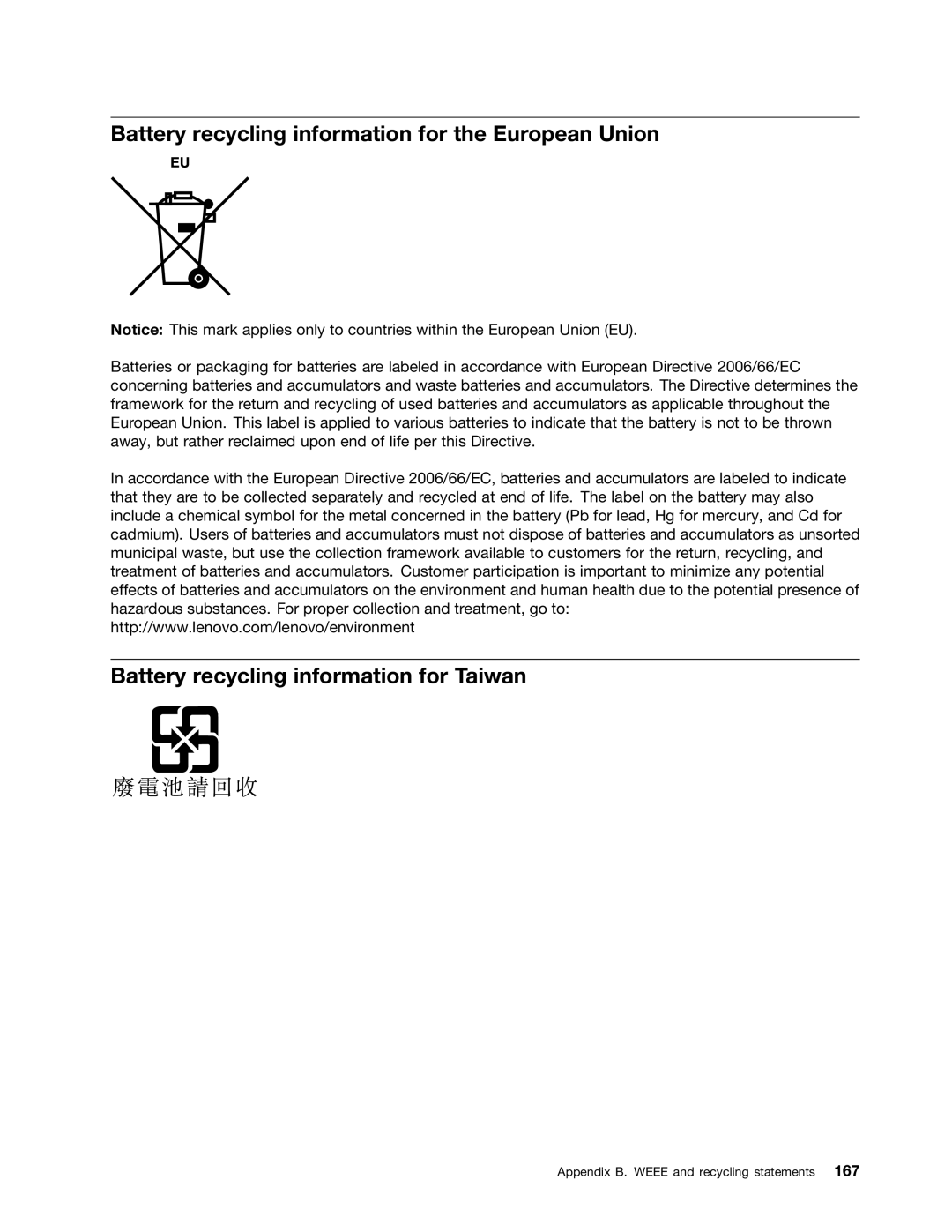 Lenovo 2344BMU manual Battery recycling information for the European Union, Battery recycling information for Taiwan 