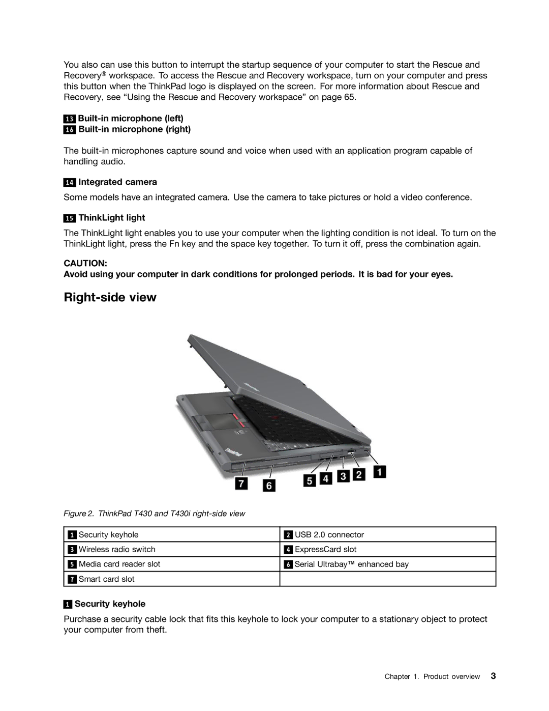 Lenovo 2344BMU Right-side view, Built-in microphone left Built-in microphone right, Integrated camera, ThinkLight light 