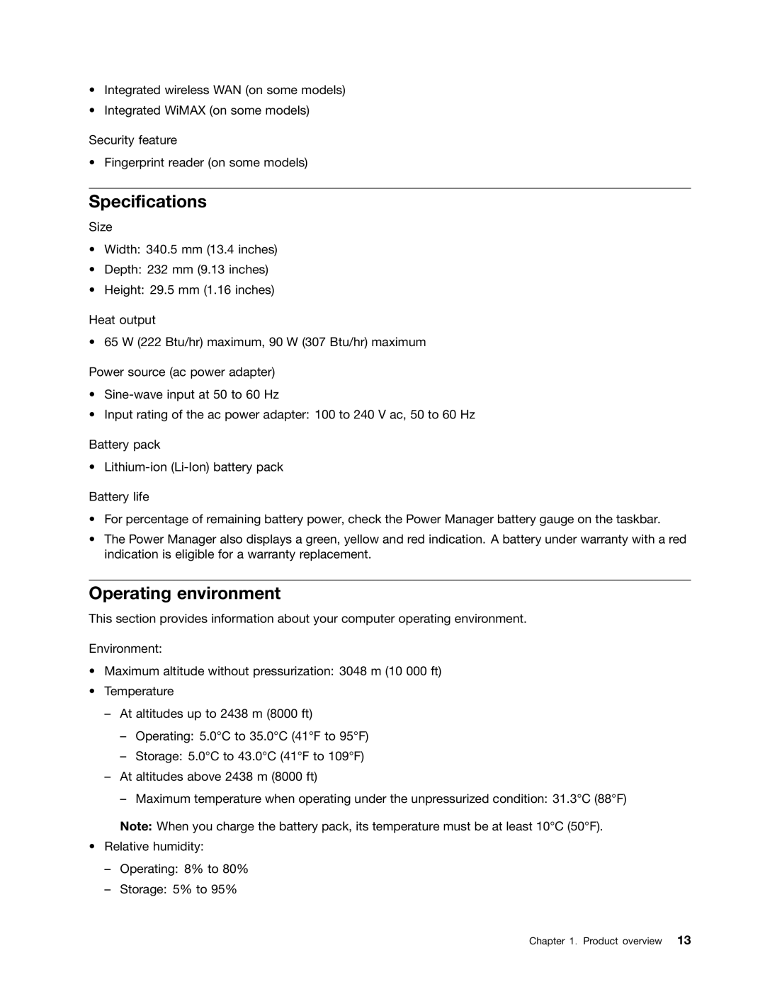 Lenovo 2344BMU manual Specifications, Operating environment 