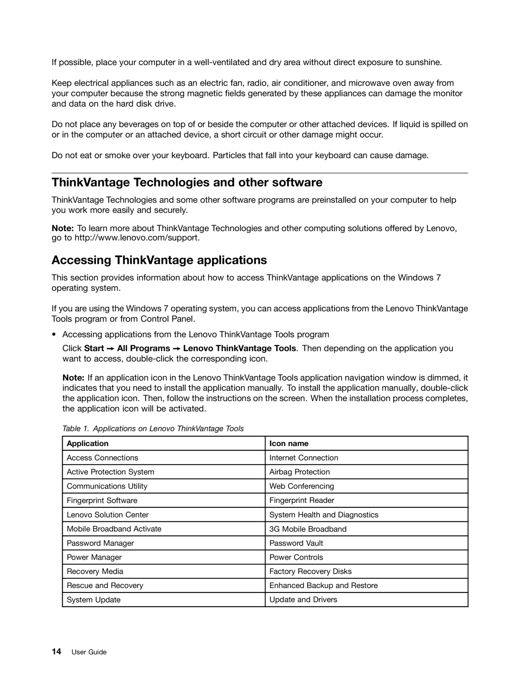 Lenovo 2344BMU ThinkVantage Technologies and other software, Accessing ThinkVantage applications, Application Icon name 