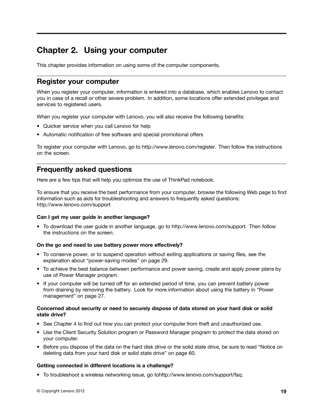 Lenovo 2344BMU manual Using your computer, Register your computer, Frequently asked questions 