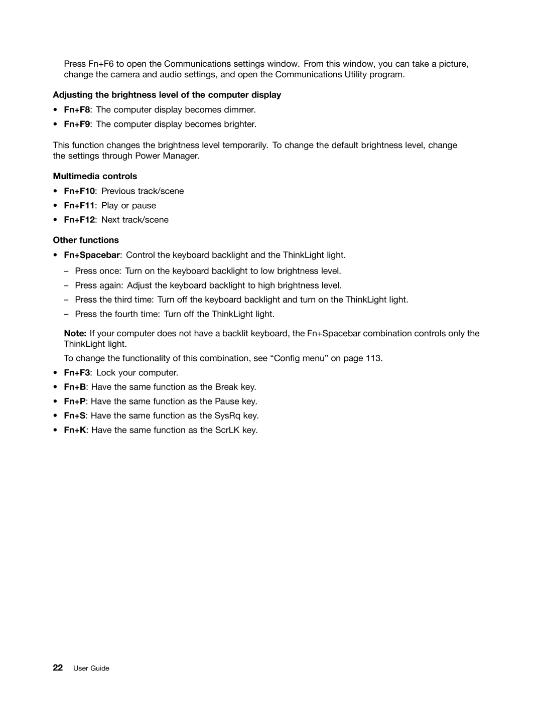 Lenovo 2344BMU manual Adjusting the brightness level of the computer display, Multimedia controls, Other functions 