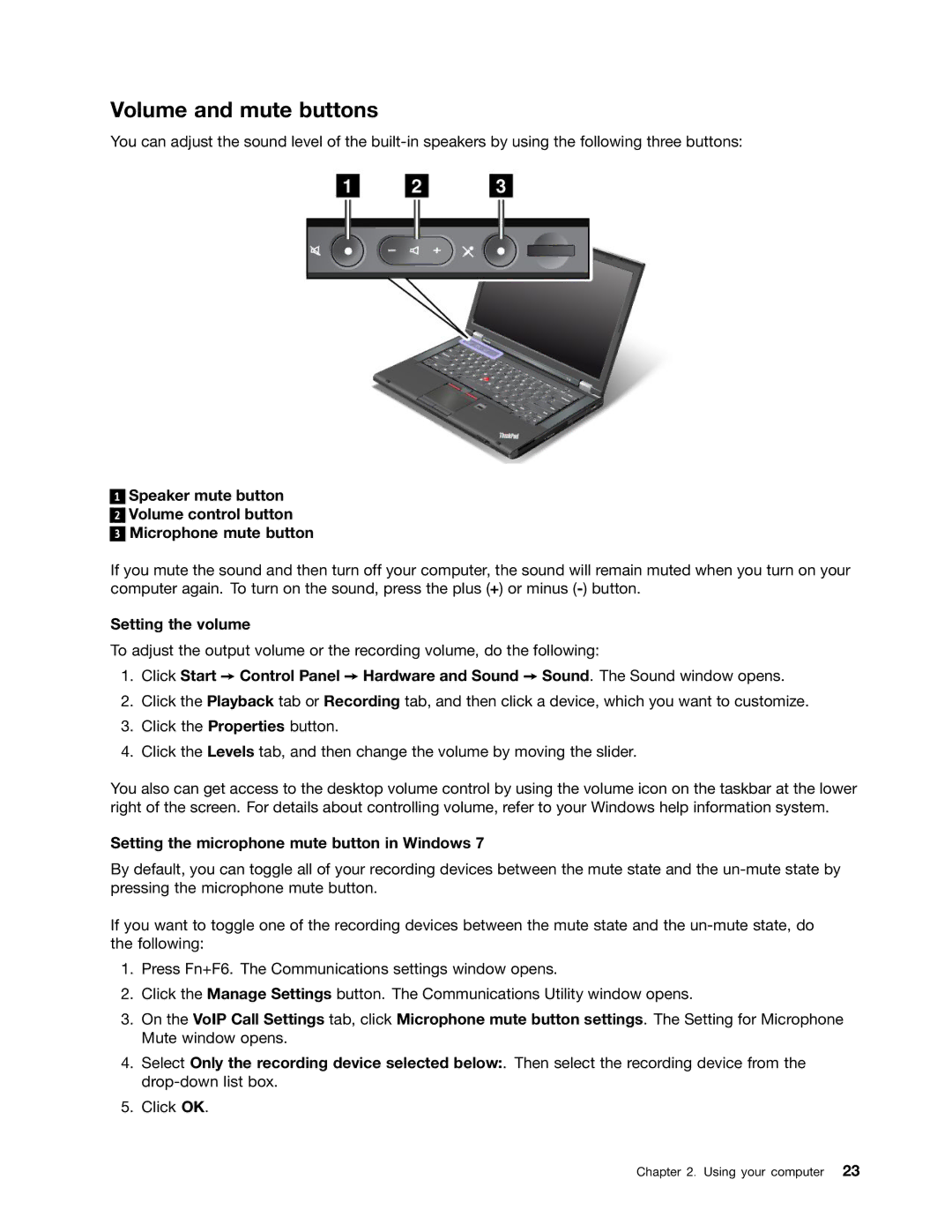 Lenovo 2344BMU manual Volume and mute buttons, Setting the volume, Setting the microphone mute button in Windows 