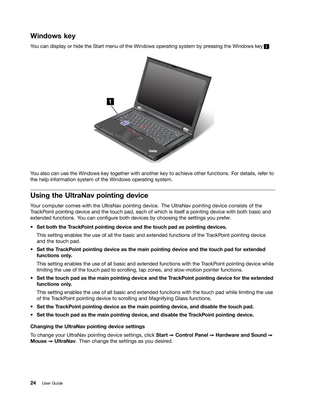 Lenovo 2344BMU manual Windows key, Using the UltraNav pointing device 