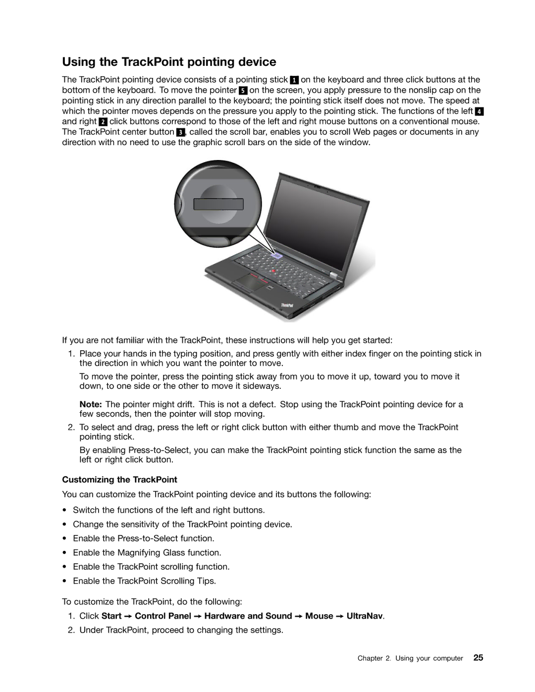 Lenovo 2344BMU manual Using the TrackPoint pointing device, Customizing the TrackPoint 