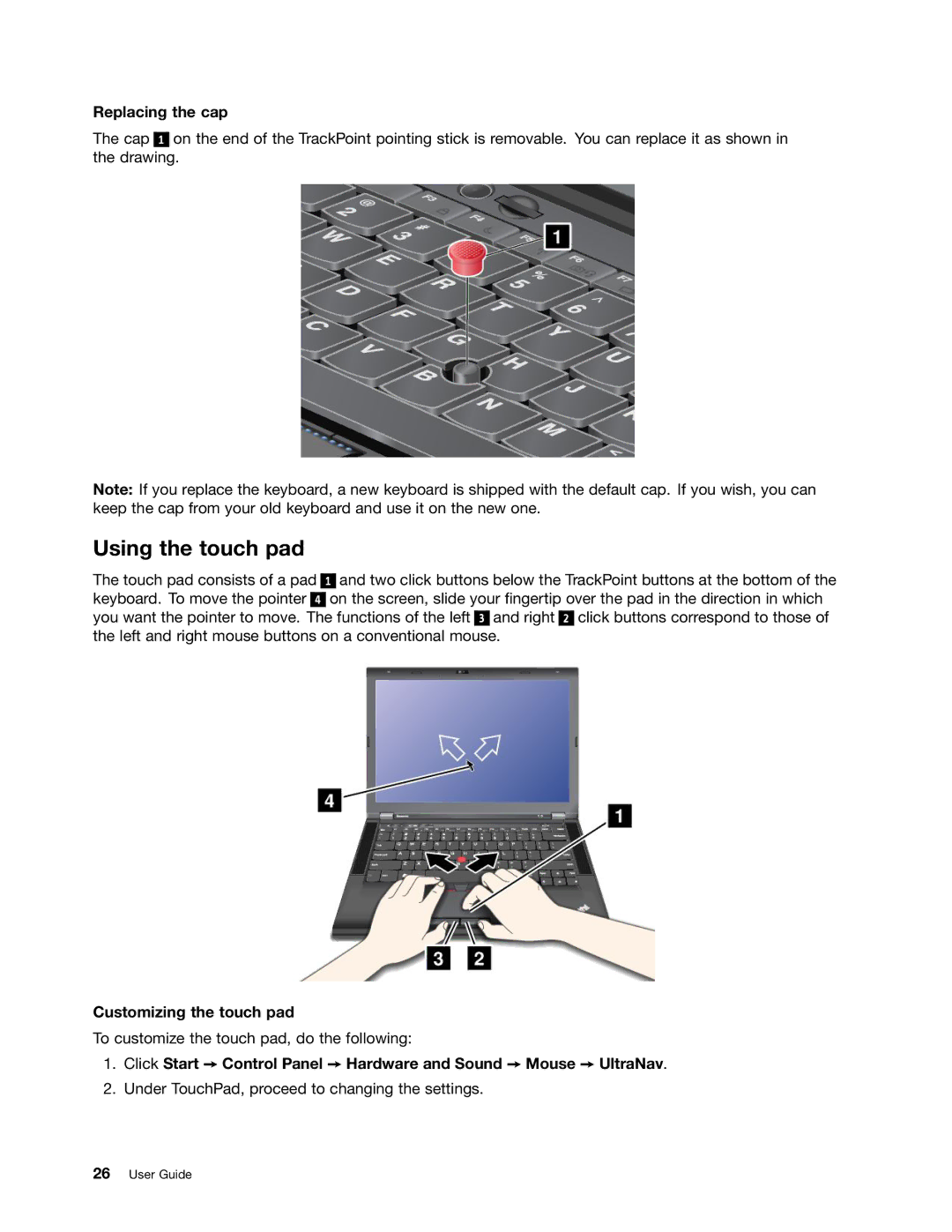 Lenovo 2344BMU manual Using the touch pad, Replacing the cap, Customizing the touch pad 