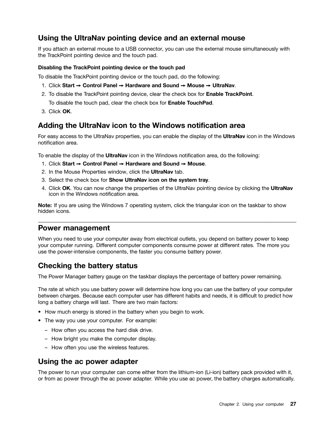 Lenovo 2344BMU Using the UltraNav pointing device and an external mouse, Power management, Checking the battery status 