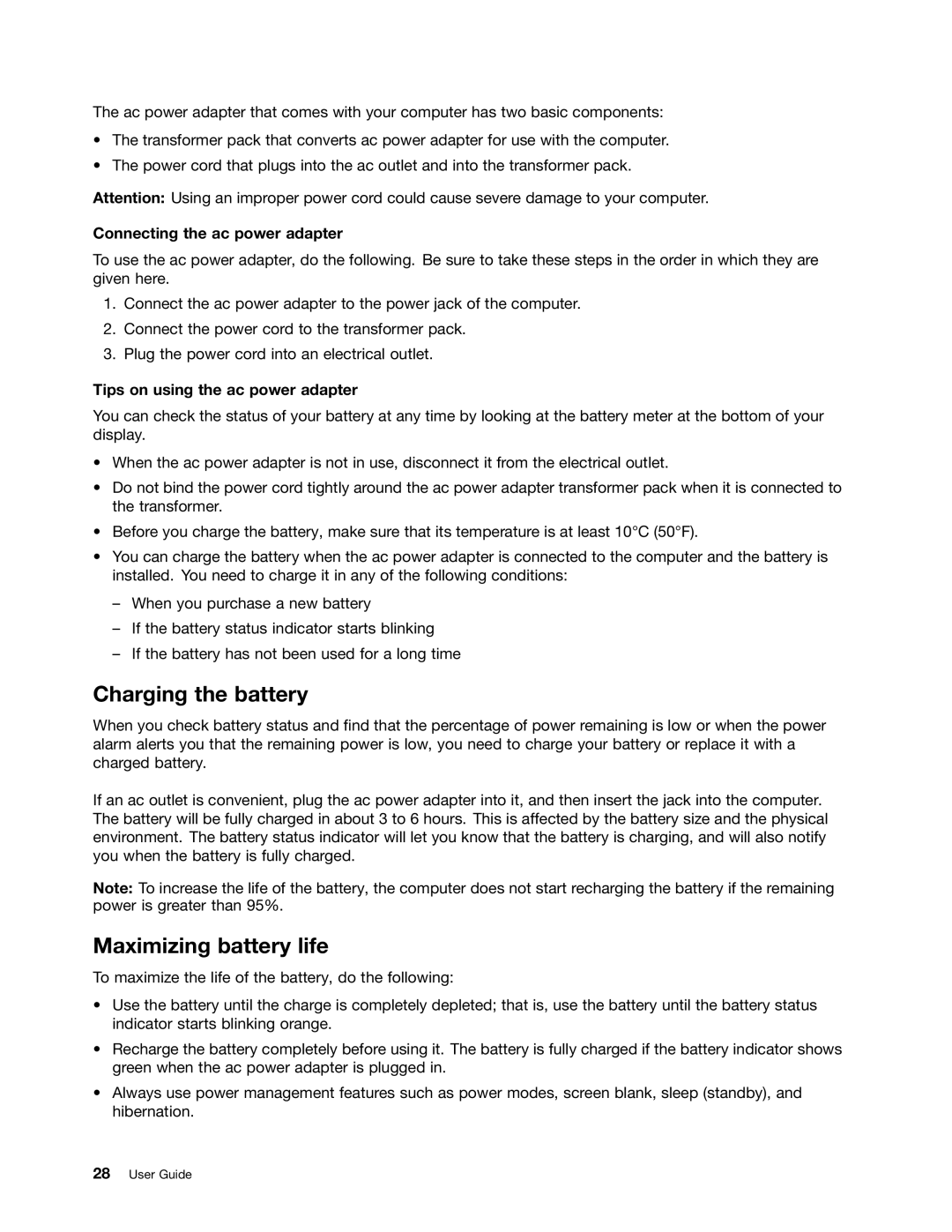 Lenovo 2344BMU manual Charging the battery, Maximizing battery life, Connecting the ac power adapter 