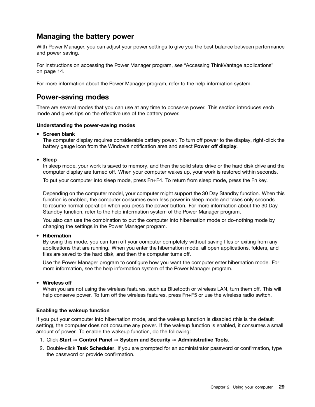 Lenovo 2344BMU manual Managing the battery power, Power-saving modes 