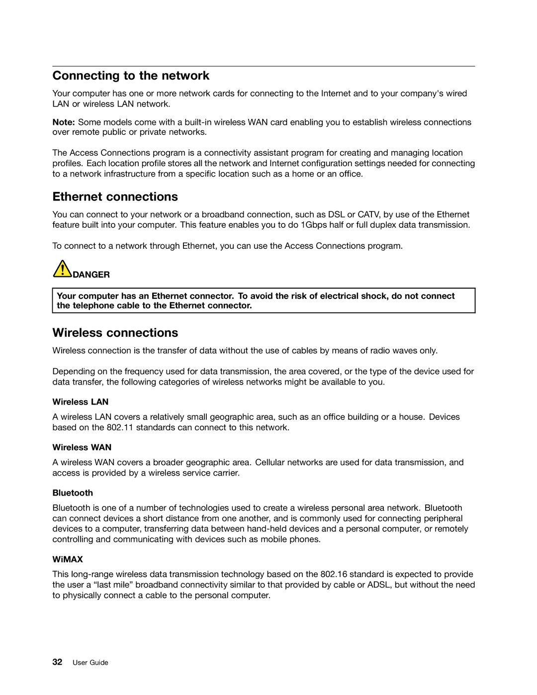 Lenovo 2344BMU manual Connecting to the network, Ethernet connections, Wireless connections 