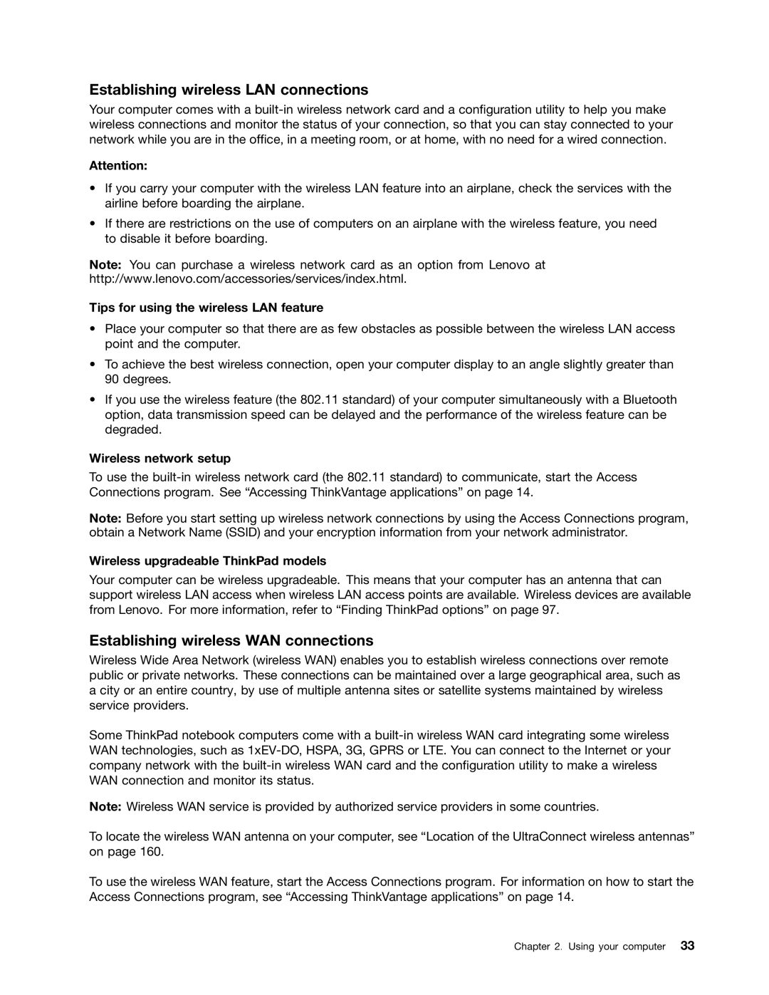 Lenovo 2344BMU manual Establishing wireless LAN connections, Establishing wireless WAN connections, Wireless network setup 