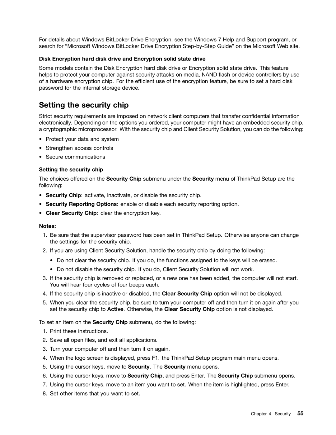 Lenovo 2344BMU manual Setting the security chip 