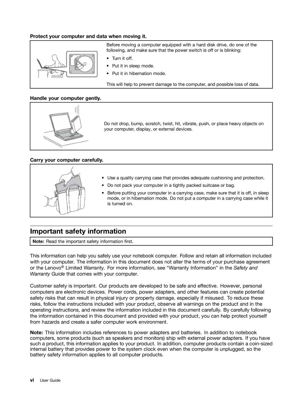 Lenovo 2344BMU Important safety information, Protect your computer and data when moving it, Handle your computer gently 