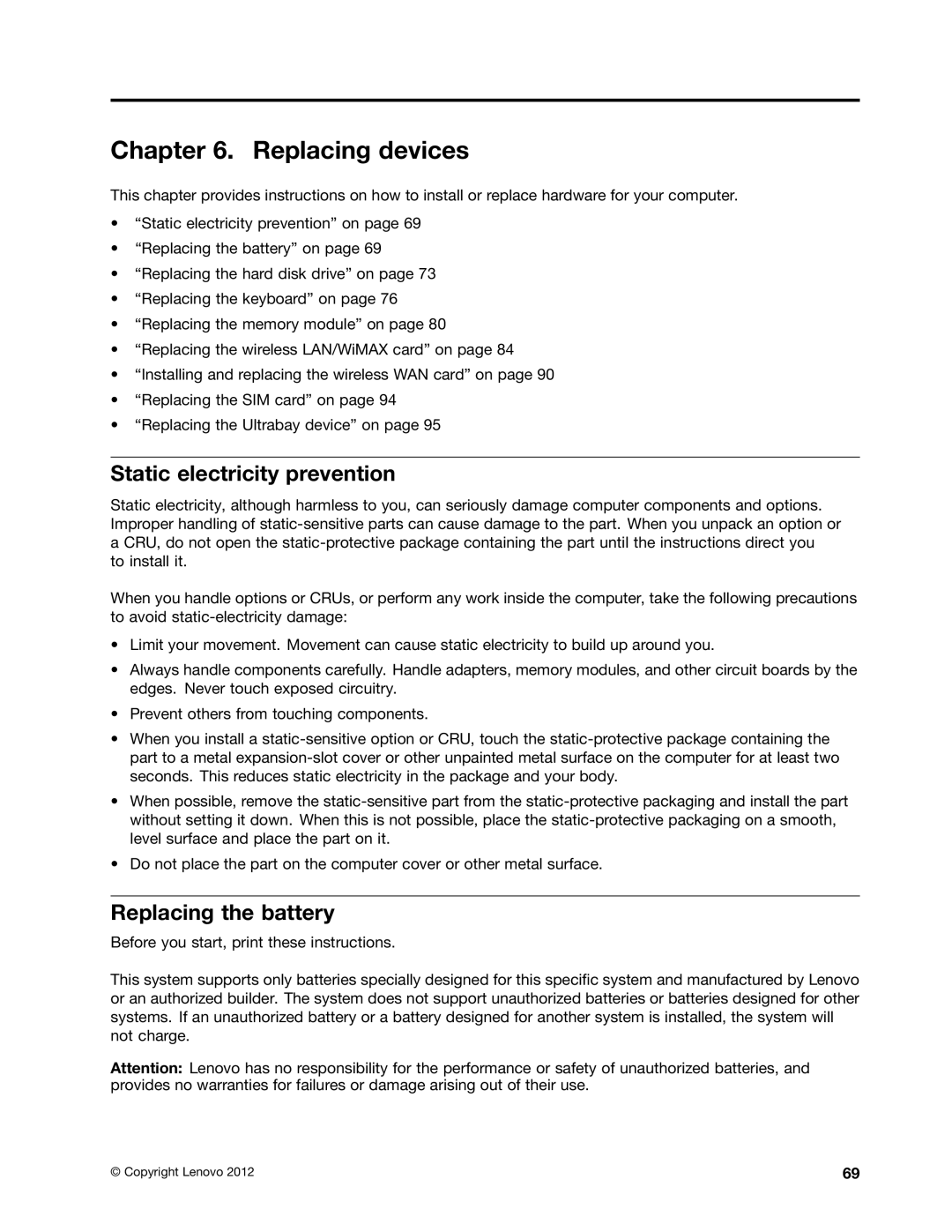 Lenovo 2344BMU manual Replacing devices, Static electricity prevention, Replacing the battery 