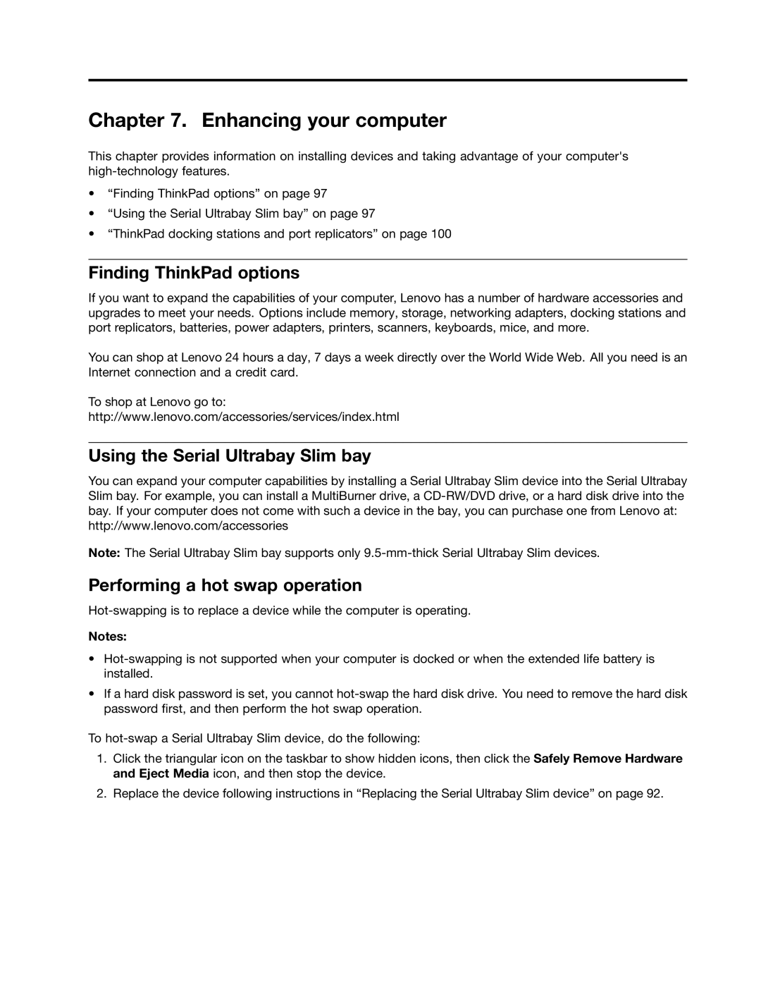 Lenovo 23539KU manual Enhancing your computer, Finding ThinkPad options, Performing a warm-swap operation 