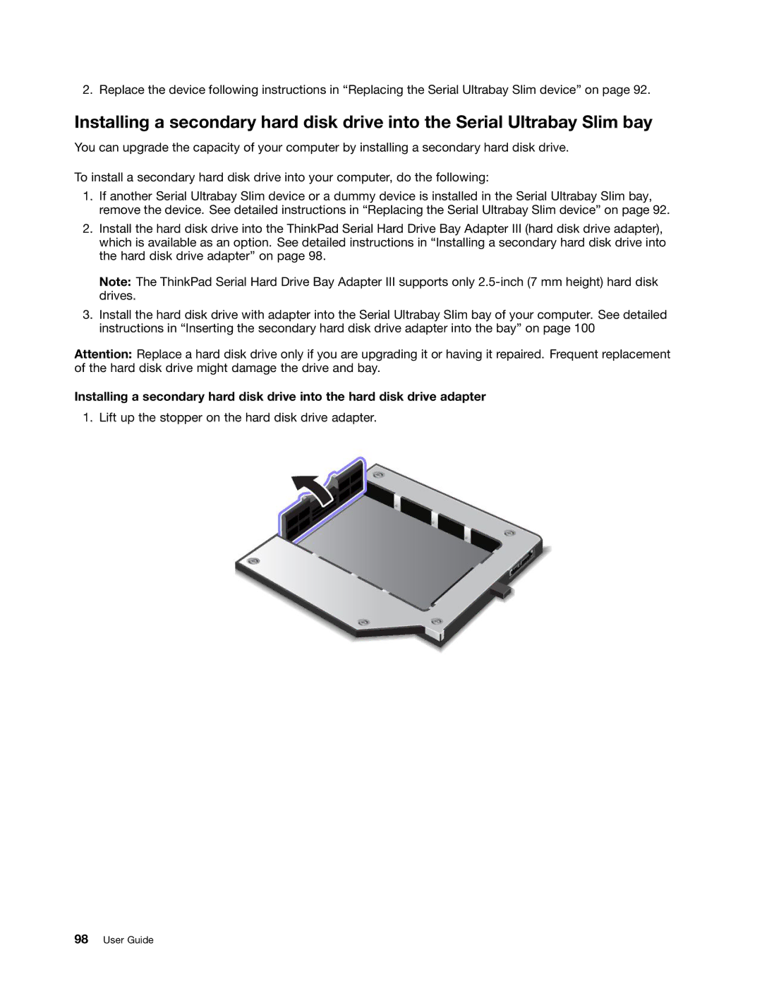 Lenovo 23539KU manual Lift up the stopper on the hard disk drive adapter 