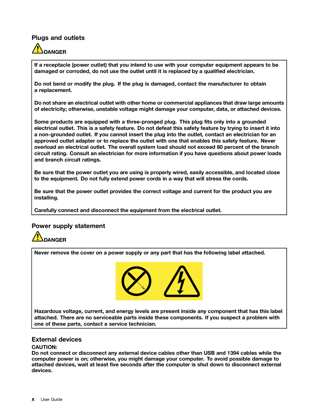 Lenovo 23539KU manual Plugs and outlets, Power supply statement, External devices 