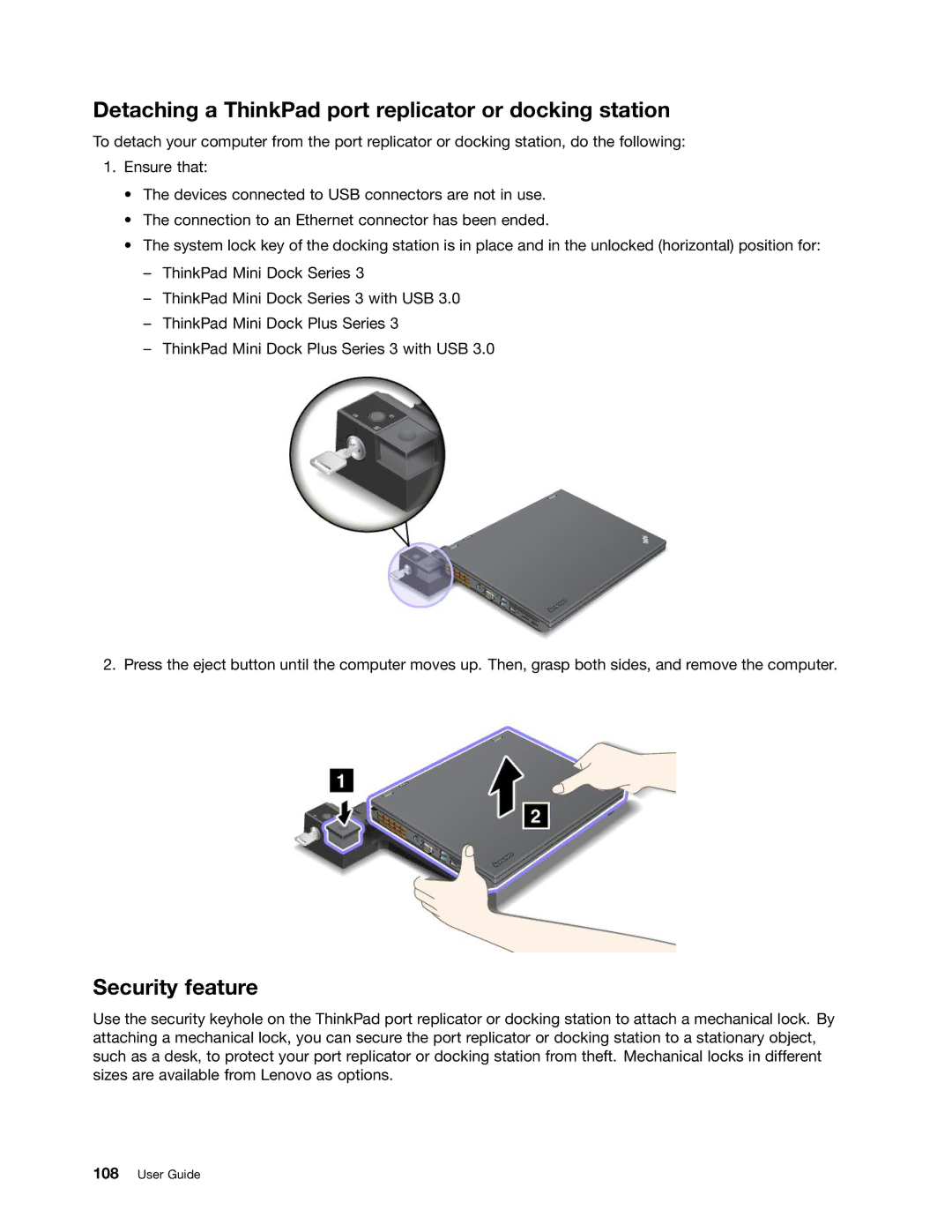 Lenovo 23539KU manual Detaching a ThinkPad port replicator or docking station, Security feature 