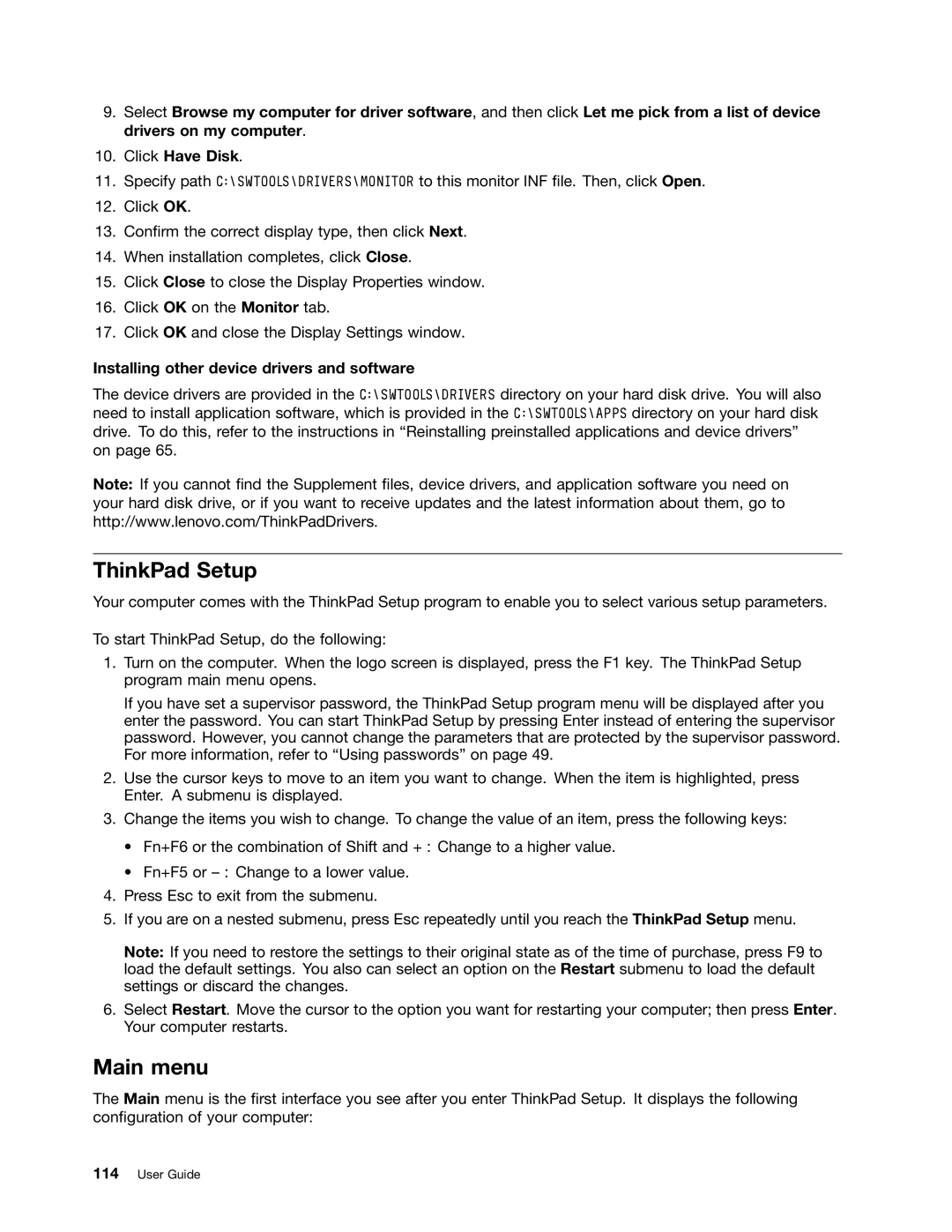 Lenovo 23539KU manual ThinkPad Setup, Main menu, Installing other device drivers and software 