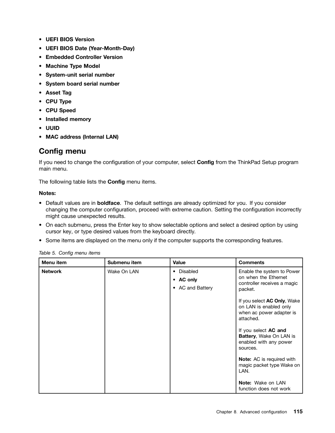 Lenovo 23539KU manual Config menu, MAC address Internal LAN, Menu item Submenu item Value Comments Network, AC only 