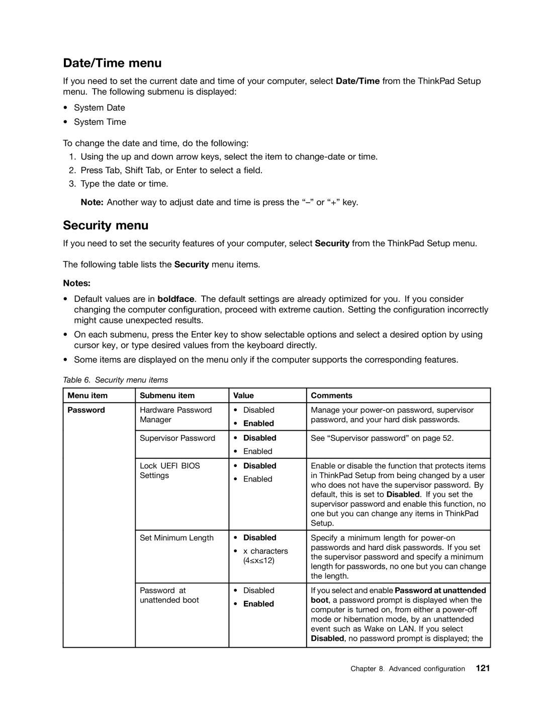 Lenovo 23539KU manual Date/Time menu, Security menu, Menu item Submenu item Value Comments Password 