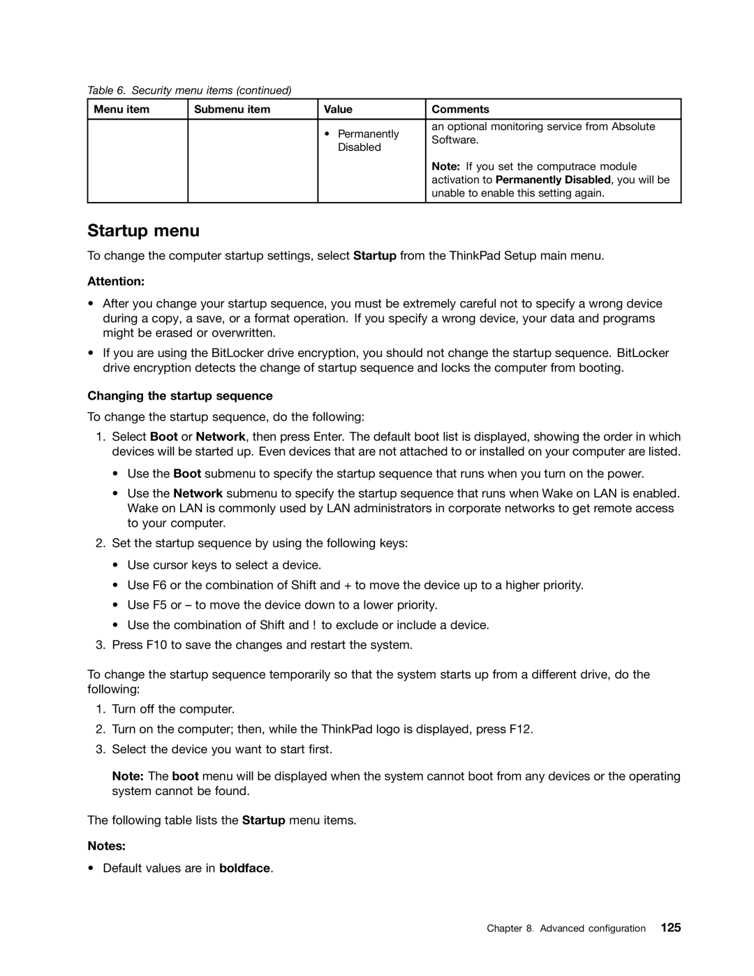 Lenovo 23539KU manual Startup menu, Changing the startup sequence 