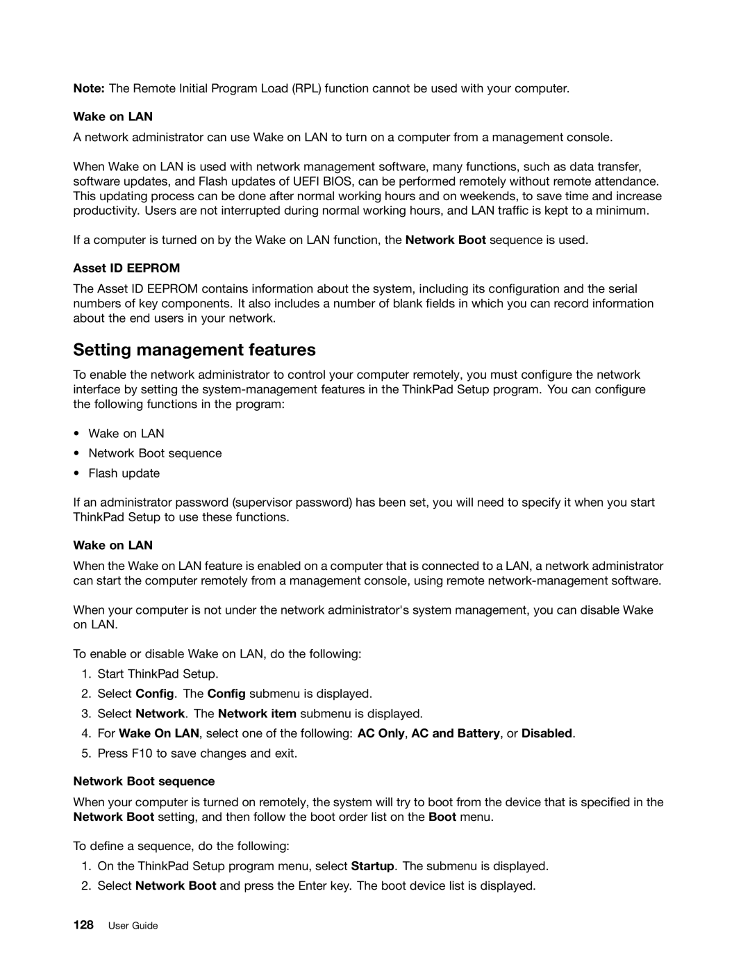 Lenovo 23539KU manual Setting management features, Wake on LAN, Asset ID Eeprom, Network Boot sequence 