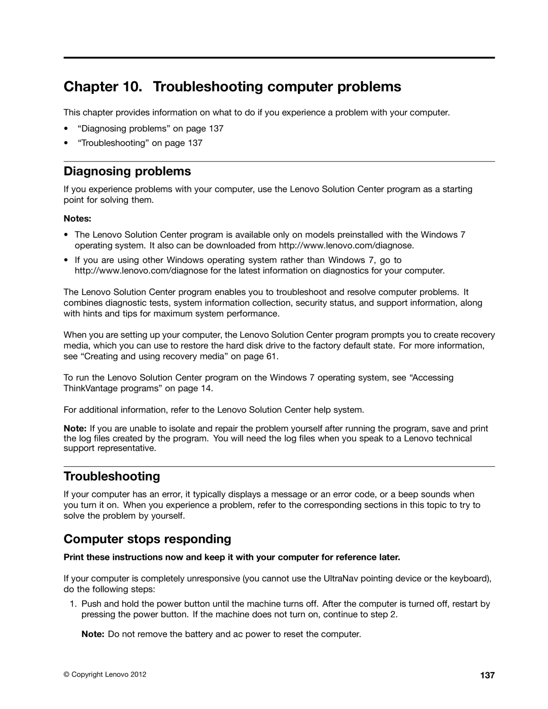 Lenovo 23539KU manual Troubleshooting computer problems, Diagnosing problems, Computer stops responding, 137 