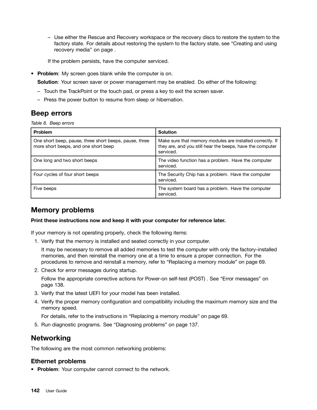 Lenovo 23539KU manual Beep errors, Memory problems, Networking, Ethernet problems, Problem Solution 