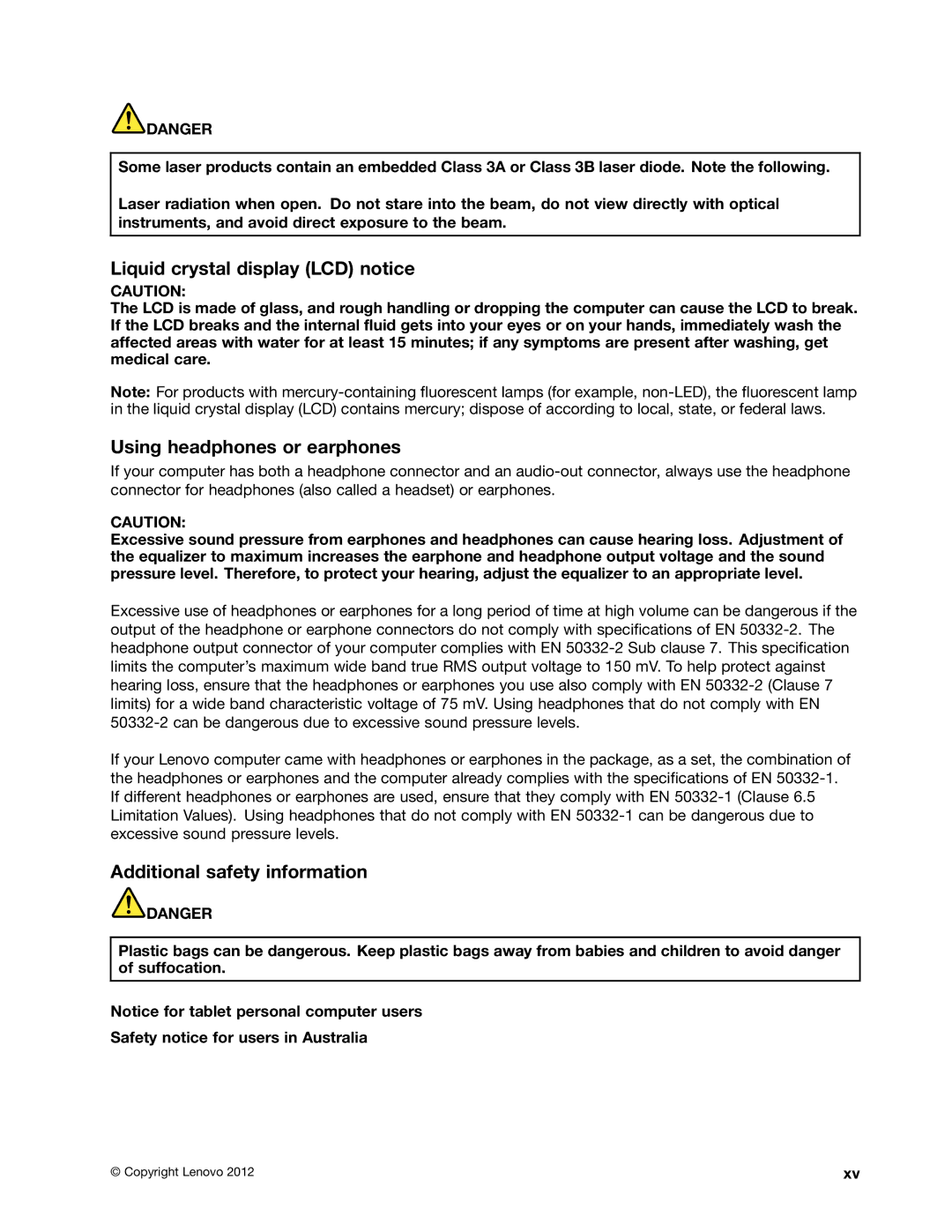 Lenovo 23539KU manual Liquid crystal display LCD notice, Using headphones or earphones, Additional safety information 