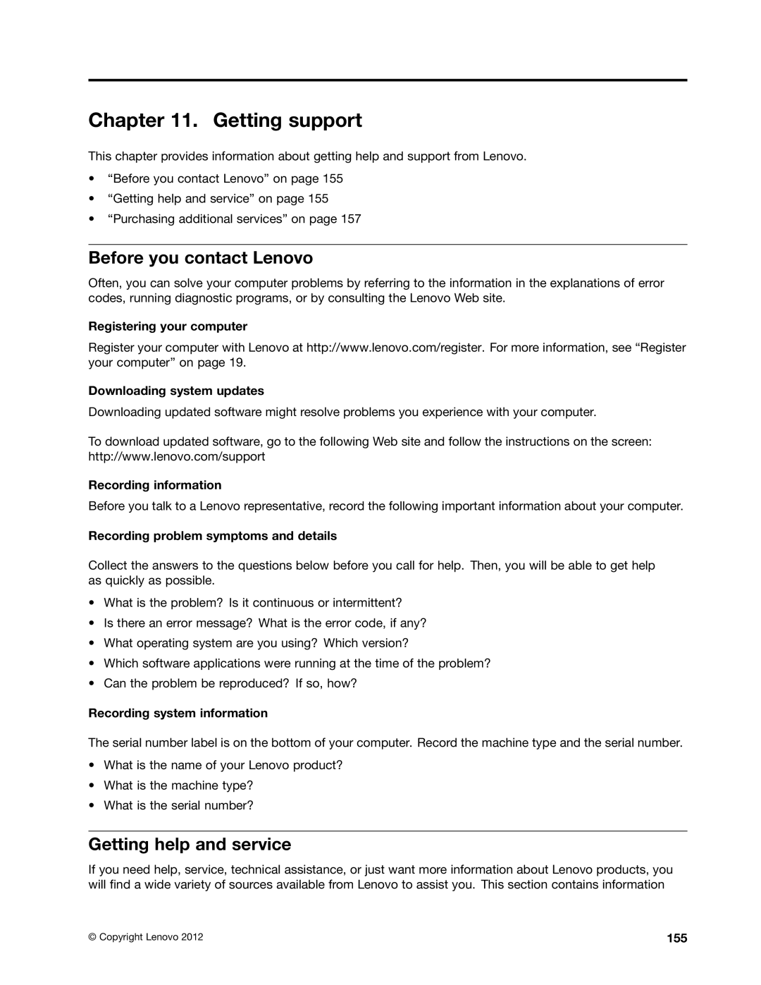 Lenovo 23539KU manual Getting support, Before you contact Lenovo, Getting help and service 