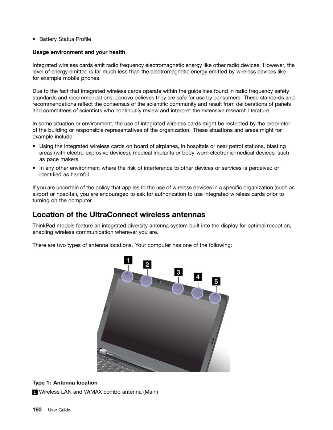 Lenovo 23539KU Location of the UltraConnect wireless antennas, Usage environment and your health, Type 1 Antenna location 