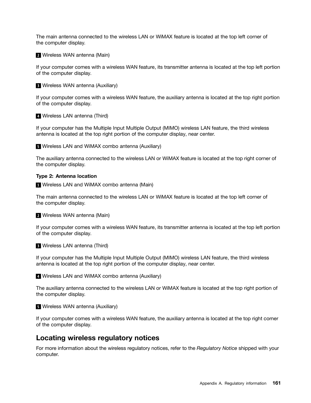 Lenovo 23539KU manual Locating wireless regulatory notices, Type 2 Antenna location 