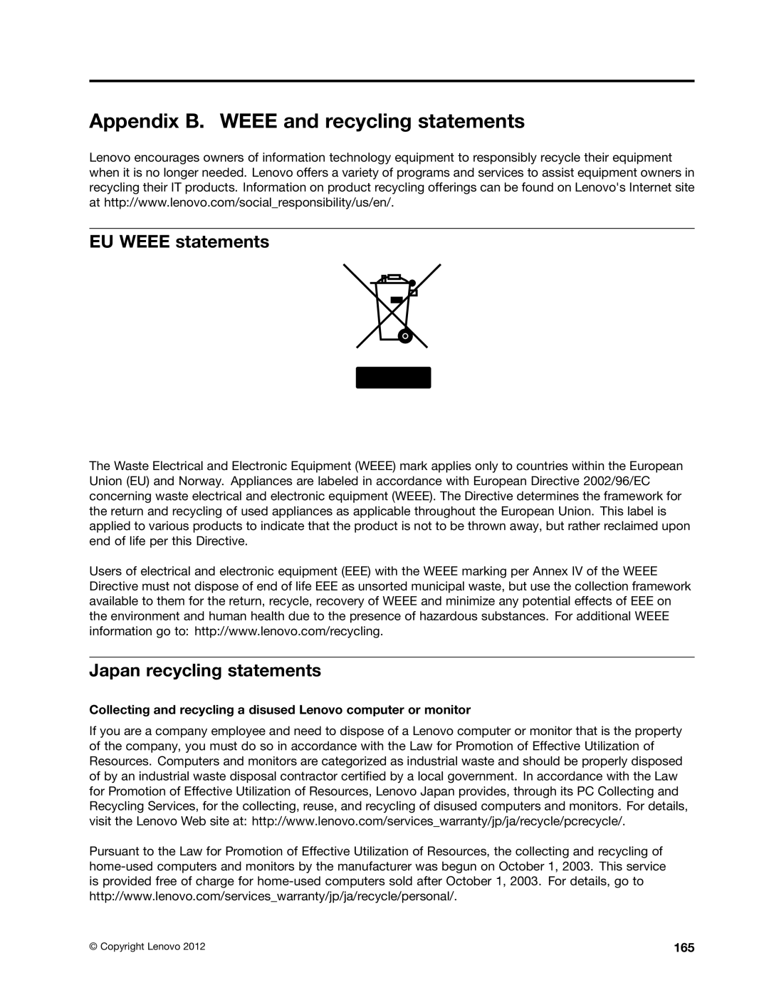 Lenovo 23539KU manual Appendix B. Weee and recycling statements, EU Weee statements, Japan recycling statements, 165 