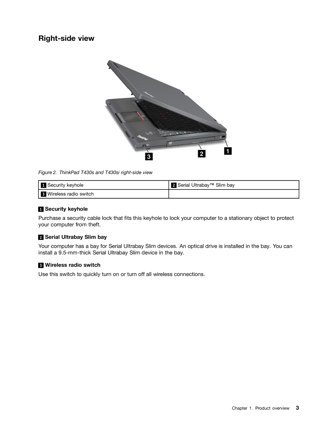 Lenovo 23539KU manual Right-side view, Security keyhole, Serial Ultrabay Slim bay, Wireless radio switch 