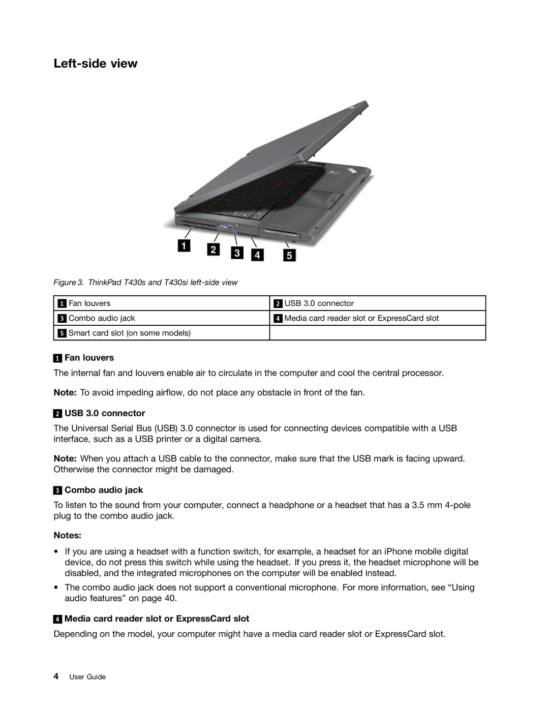 Lenovo 23539KU manual Left-side view, Fan louvers, USB 3.0 connector, Combo audio jack 