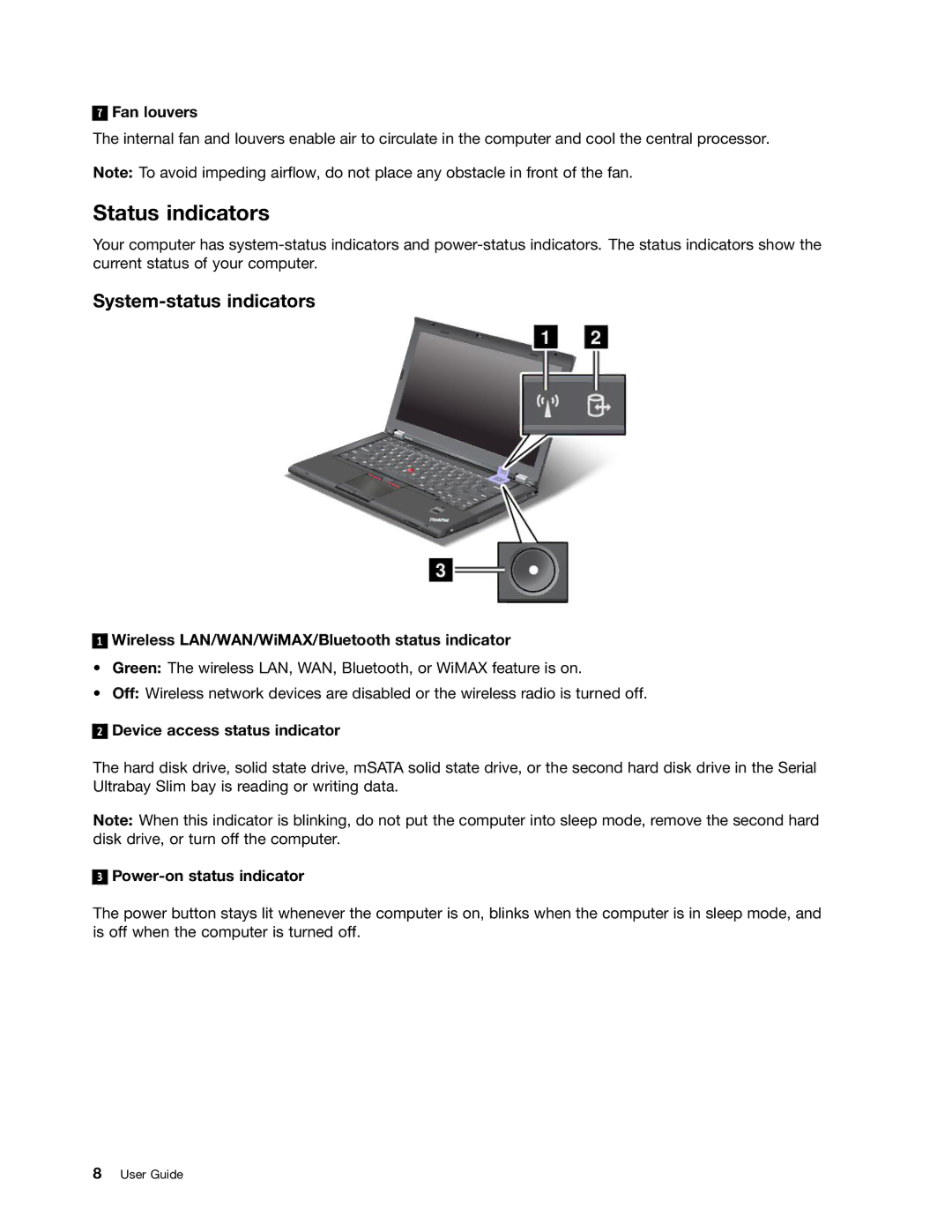 Lenovo 23539KU manual Status indicators, System-status indicators, Wireless LAN/WAN/WiMAX/Bluetooth status indicator 