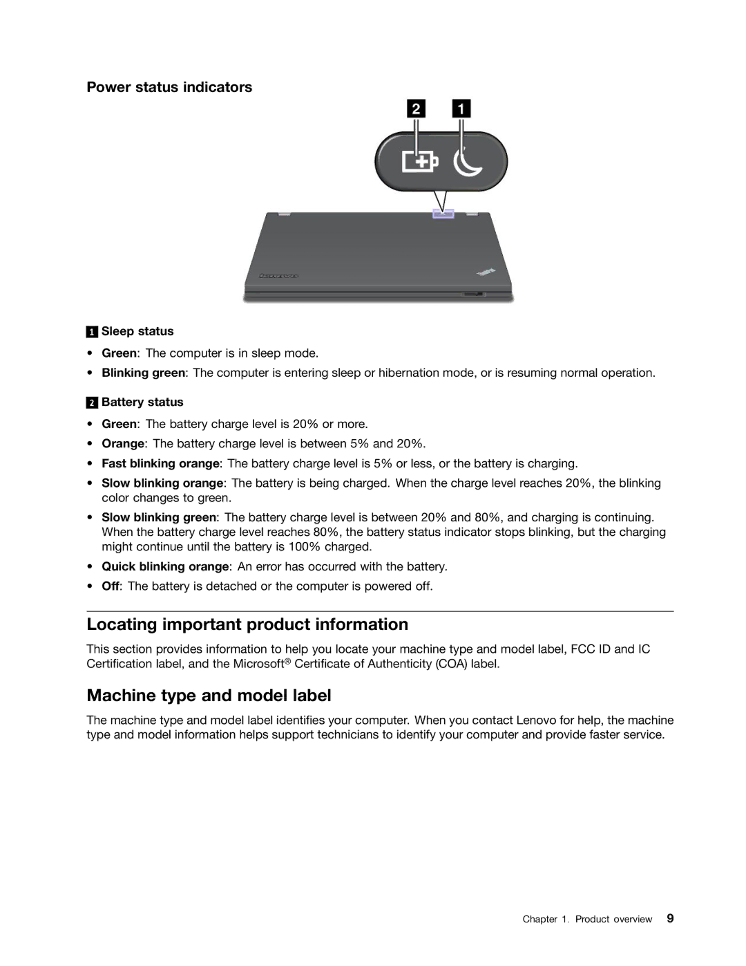 Lenovo 23539KU Locating important product information, Machine type and model label, Power status indicators, Sleep status 