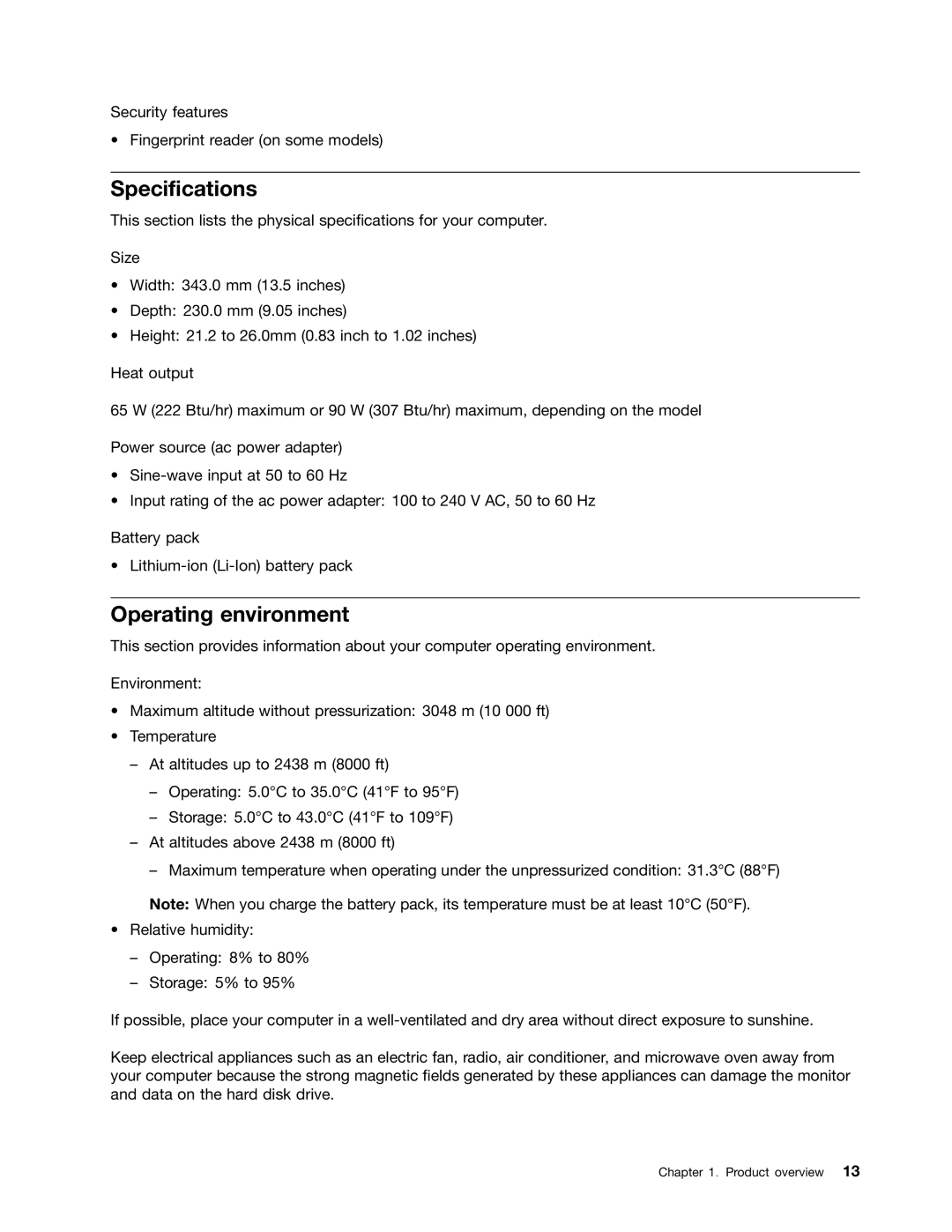 Lenovo 23539KU manual Specifications, Operating environment 