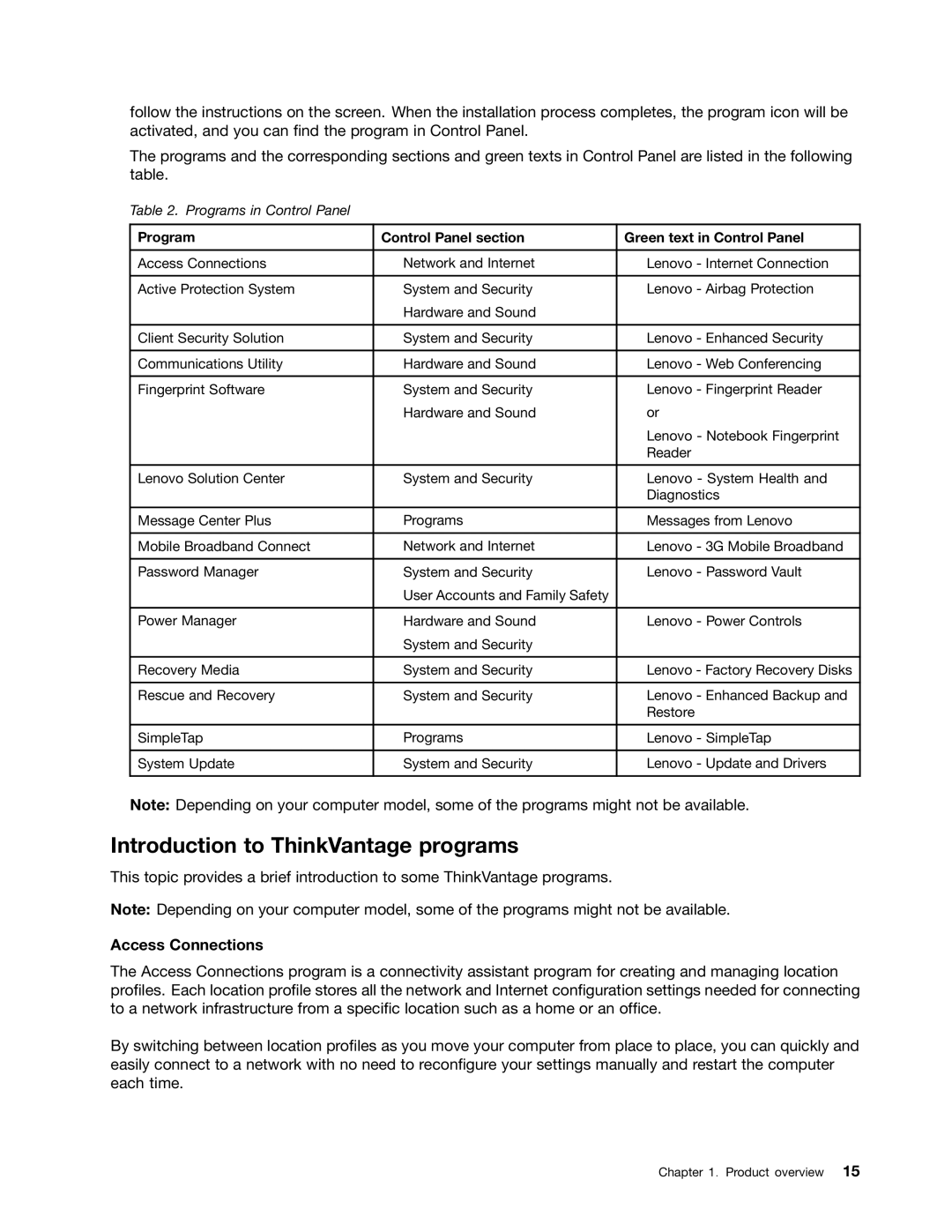 Lenovo 23539KU manual Introduction to ThinkVantage programs, Access Connections 