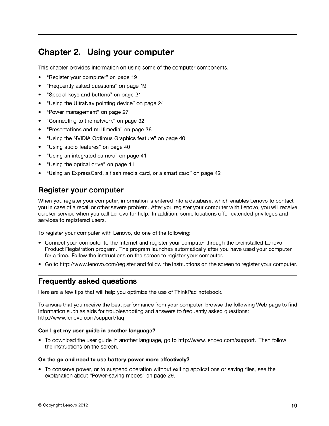 Lenovo 23539KU manual Using your computer, Register your computer, Frequently asked questions 