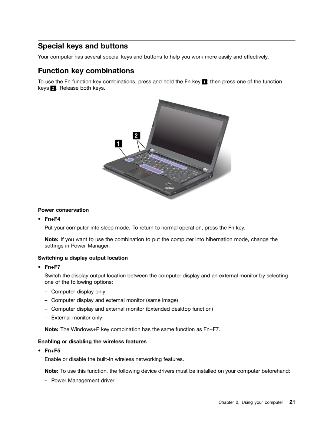 Lenovo 23539KU manual Special keys and buttons, Function key combinations, Power conservation Fn+F4 