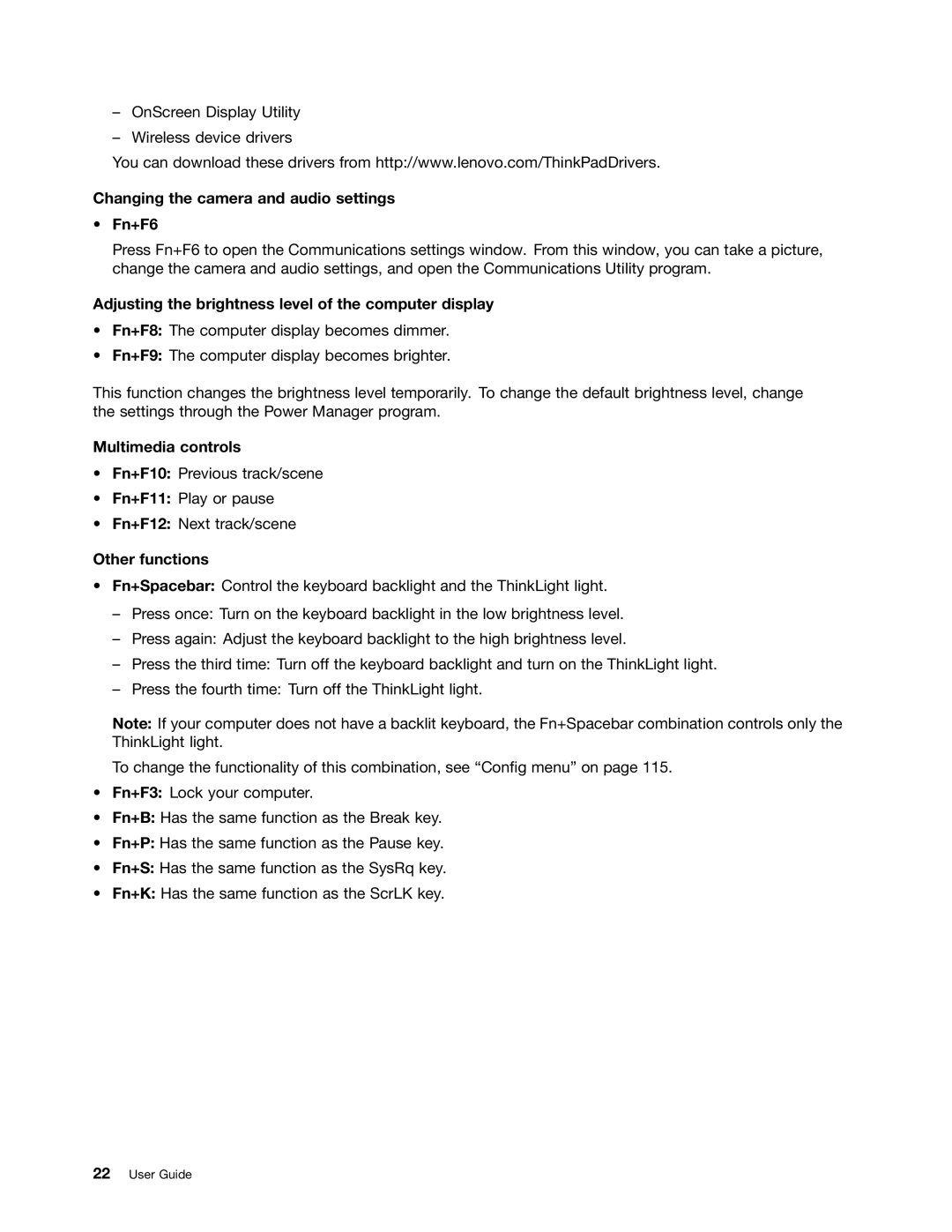 Lenovo 23539KU manual Changing the camera and audio settings Fn+F6, Adjusting the brightness level of the computer display 