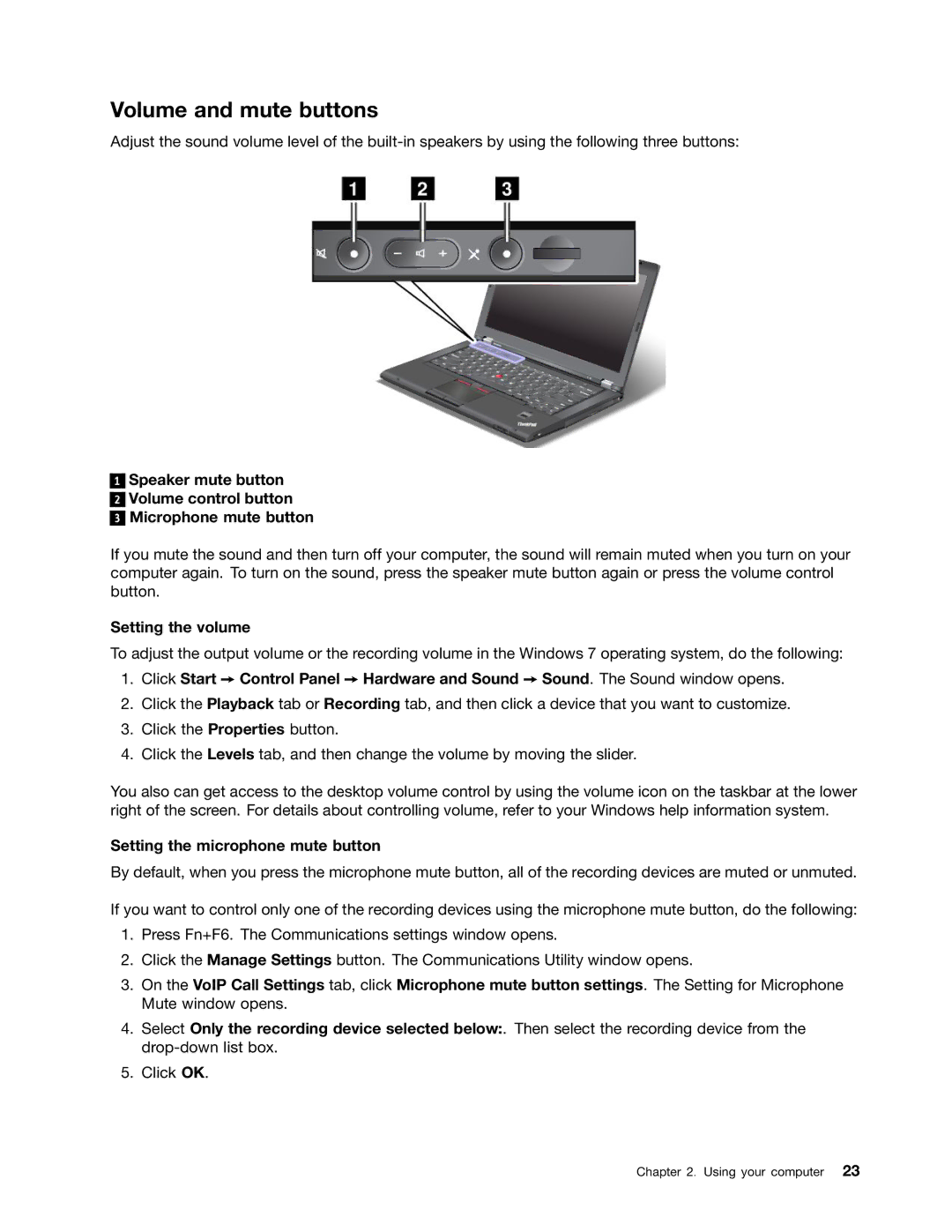 Lenovo 23539KU manual Volume and mute buttons, Setting the volume, Setting the microphone mute button 