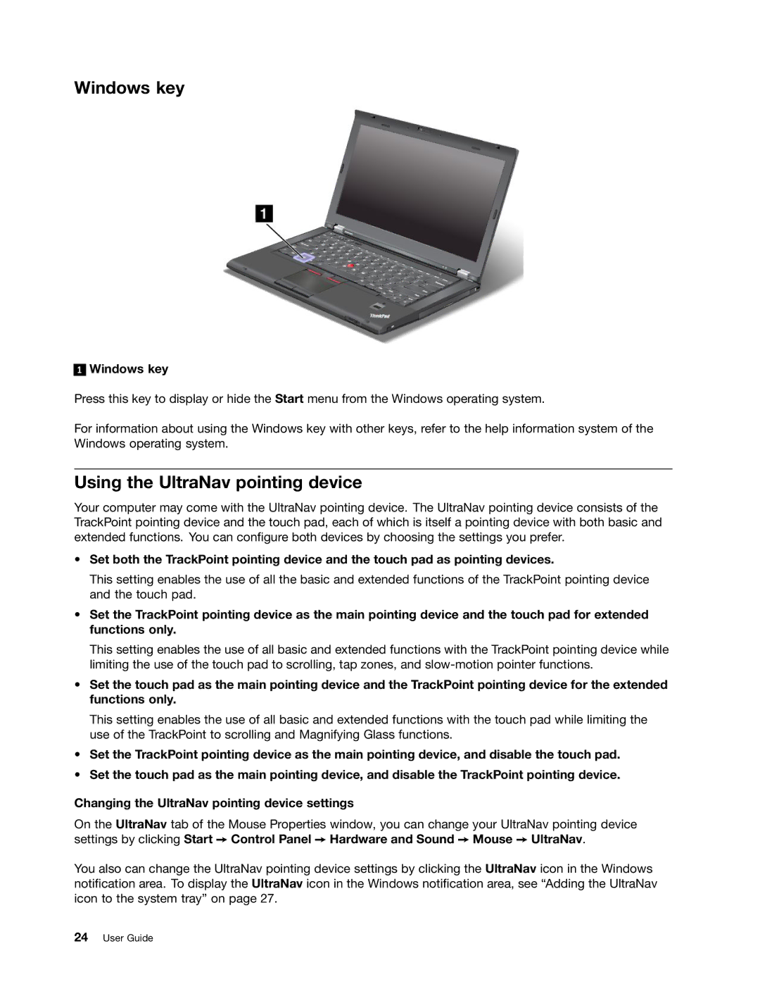 Lenovo 23539KU manual Windows key, Using the UltraNav pointing device 